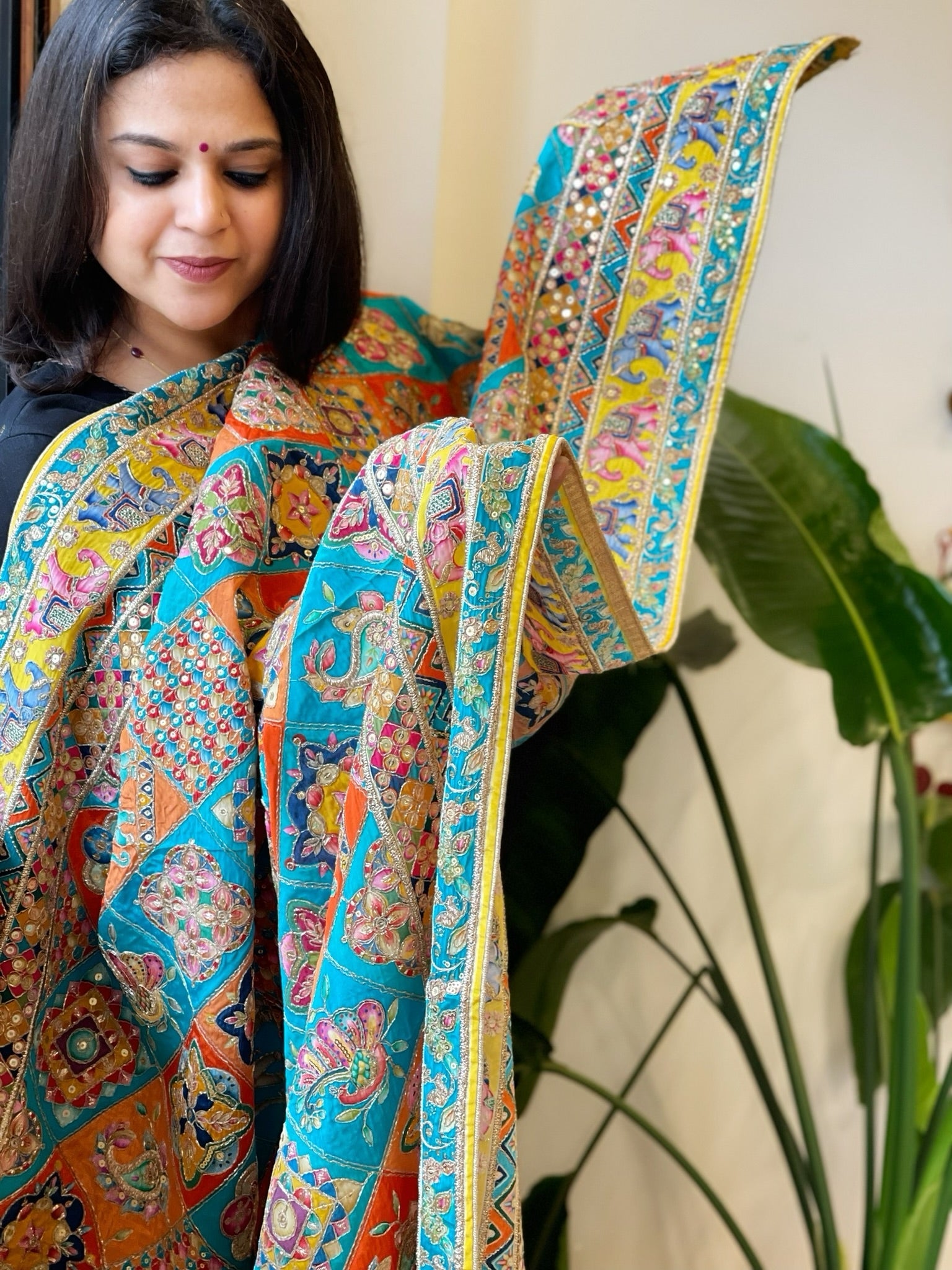 Multicolor Chinon Dupatta with Gold Thread & Aari Embroidery - Masakalee