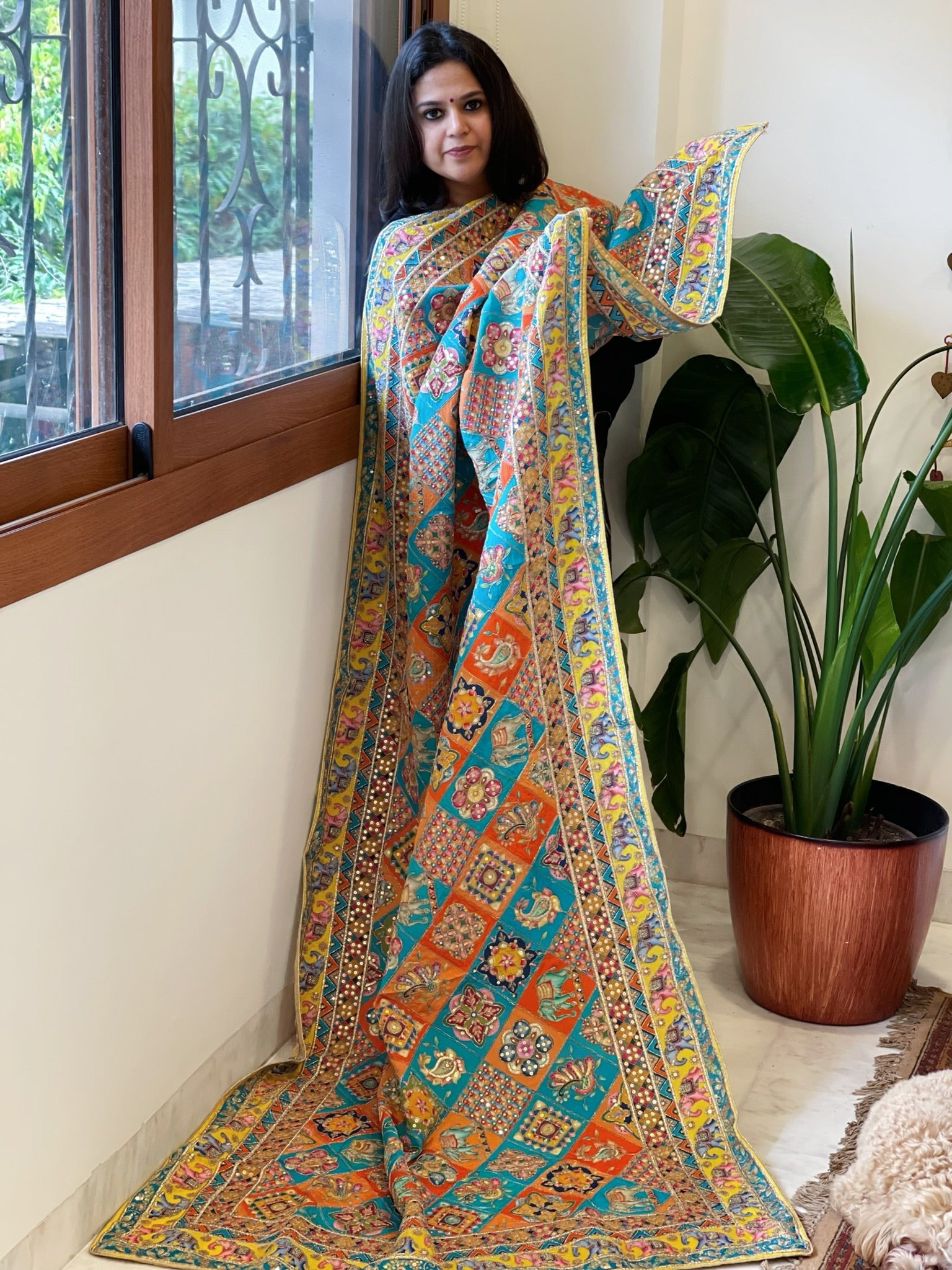 Multicolor Chinon Dupatta with Gold Thread & Aari Embroidery - Masakalee
