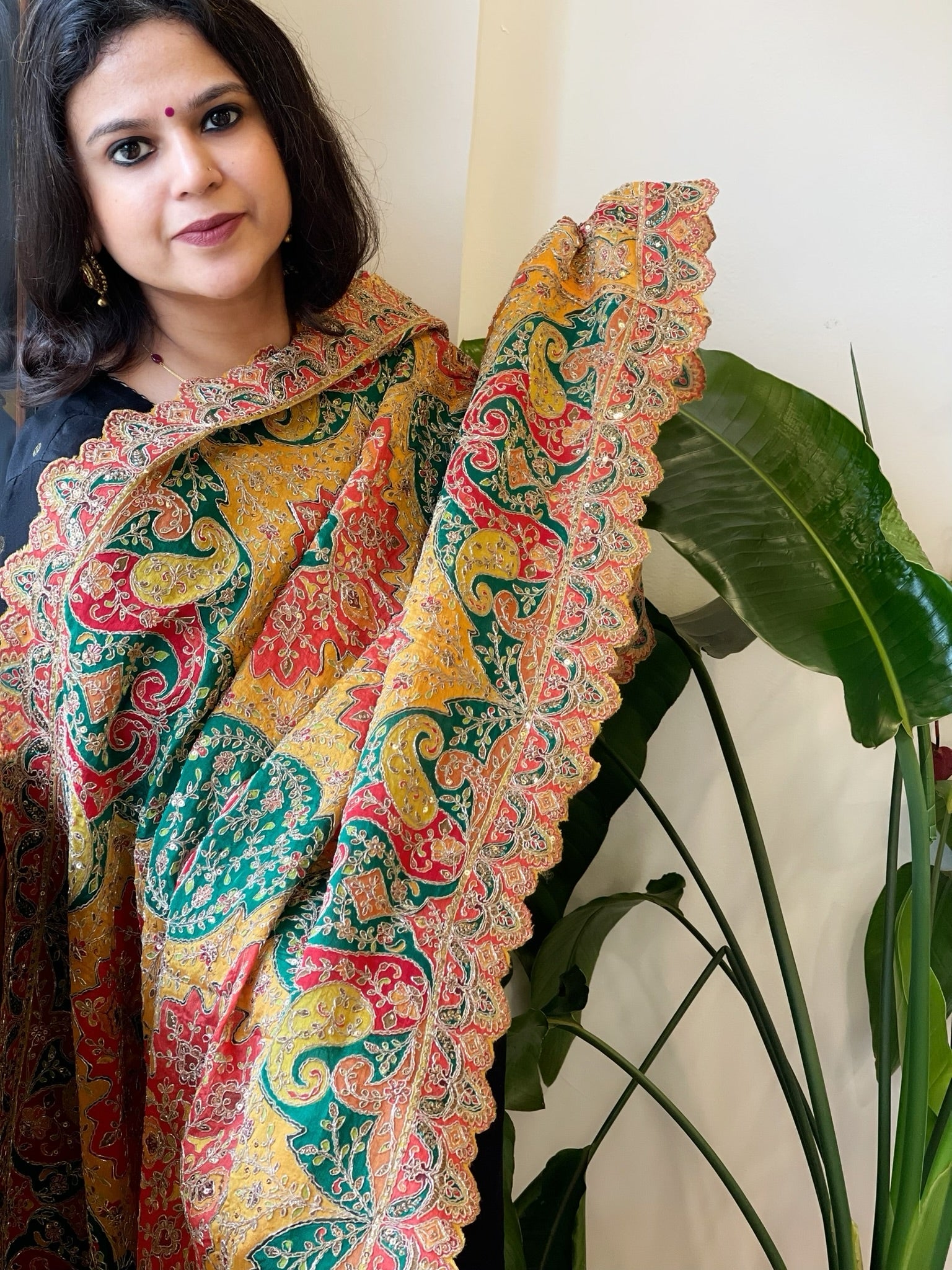 Multicolor Chinon Dupatta with Gold Thread & Aari Embroidery - Masakalee