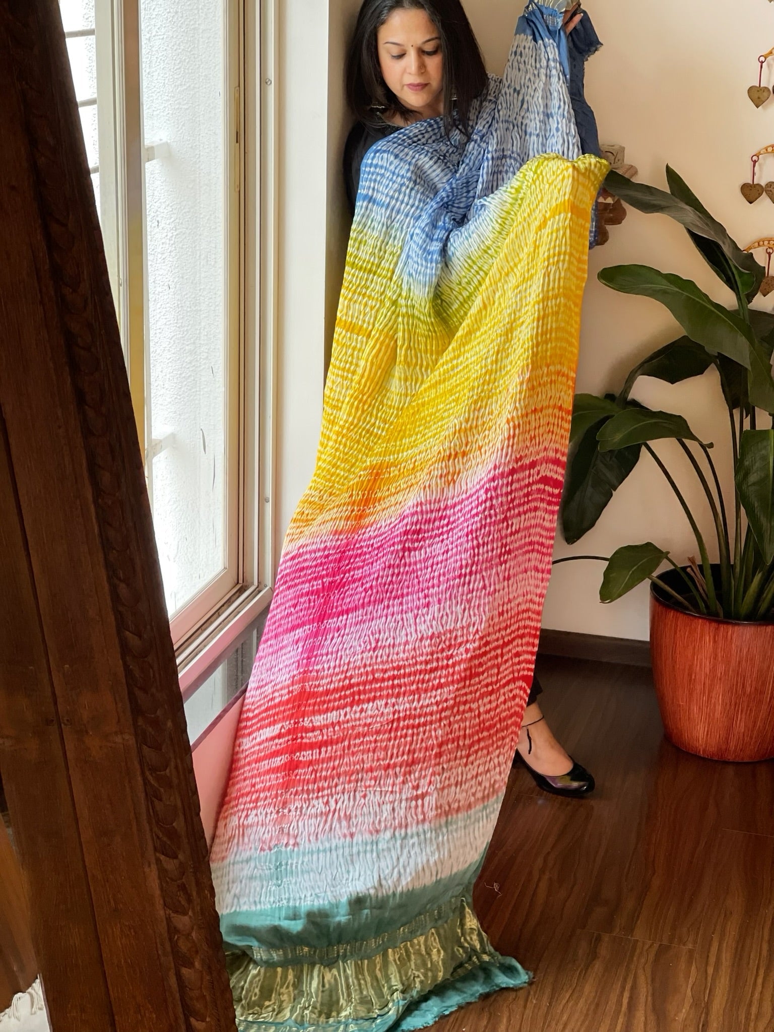 Multicolor Handmade Shibori Dupatta in Modal Silk - Masakalee