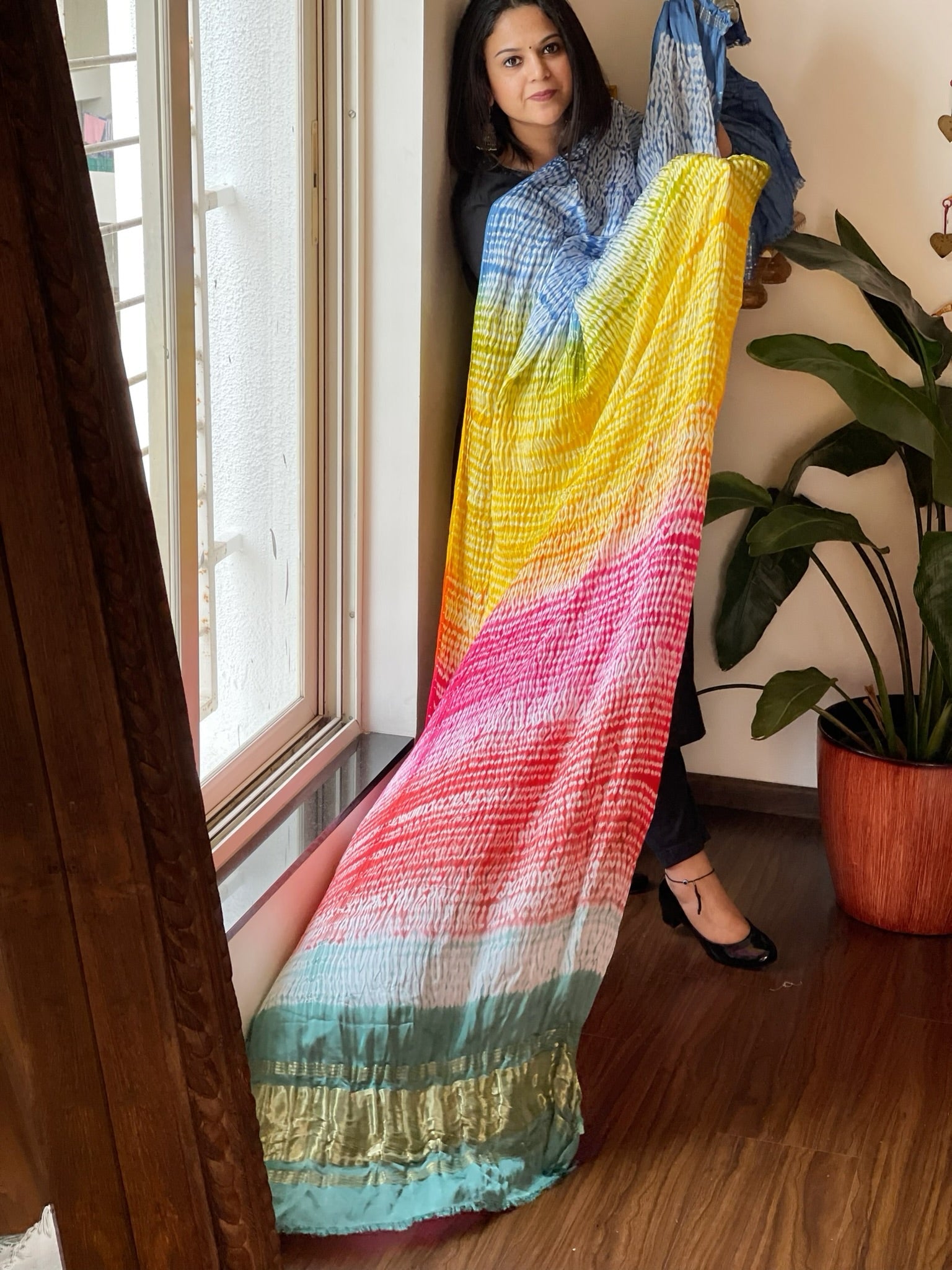Multicolor Handmade Shibori Dupatta in Modal Silk - Masakalee
