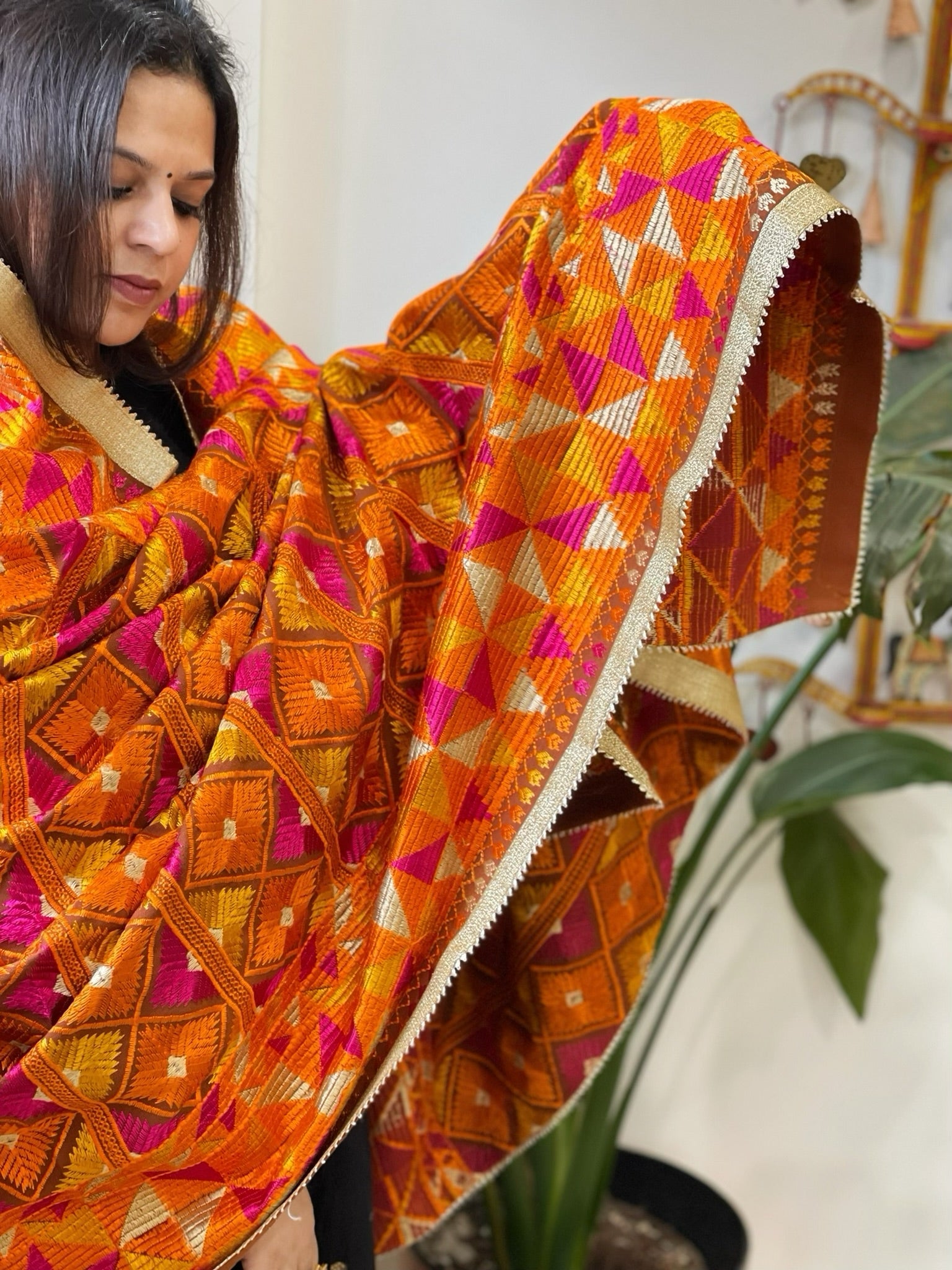 Mustard Designer Phulkari Dupatta in Khaddar Cotton - Masakalee