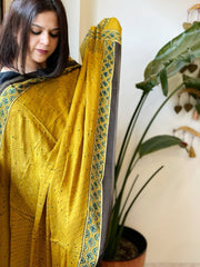 Mustard Handblock Printed Ajrakh Dupatta with Kantha Stitch Hand Embroidery - Masakalee