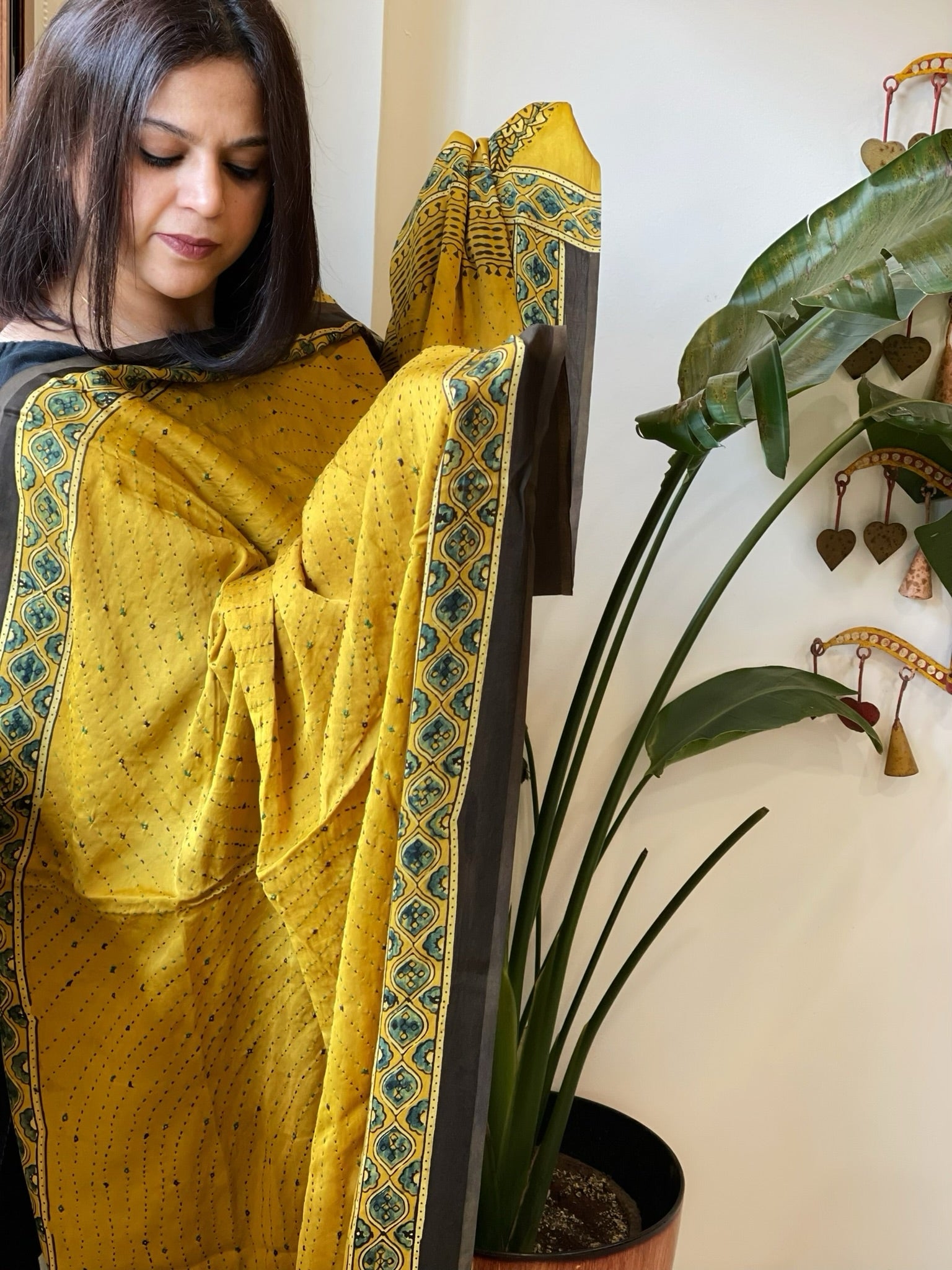 Mustard Handblock Printed Ajrakh Dupatta with Kantha Stitch Hand Embroidery - Masakalee