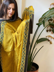 Mustard Handblock Printed Ajrakh Dupatta with Kantha Stitch Hand Embroidery - Masakalee