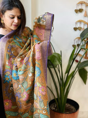 Mustard Handpainted Kalamkari Dupatta with Thread & Mirror Handwork in Chanderi Silk - Masakalee