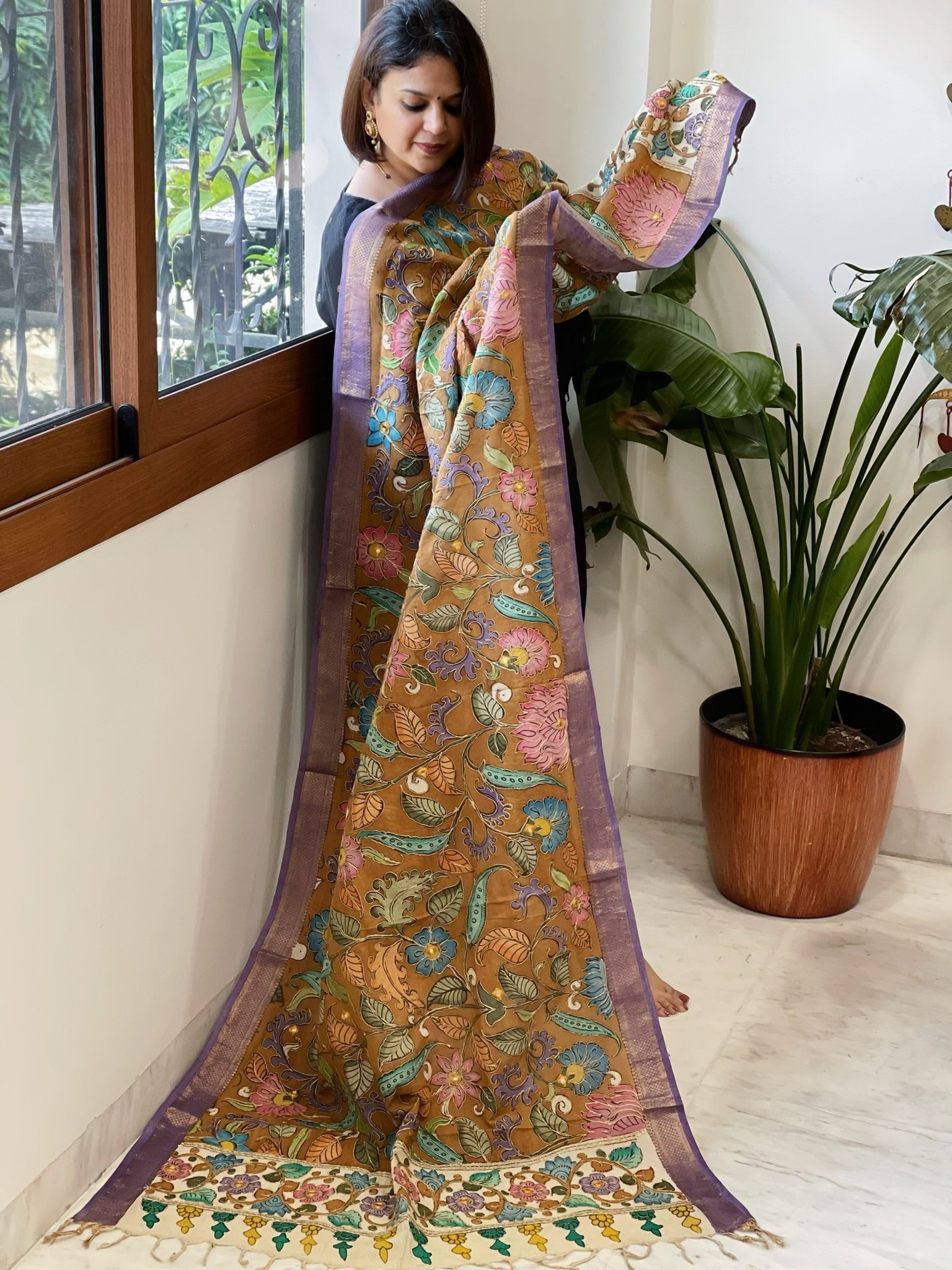 Mustard Handpainted Kalamkari Dupatta with Thread & Mirror Handwork in Chanderi Silk - Masakalee