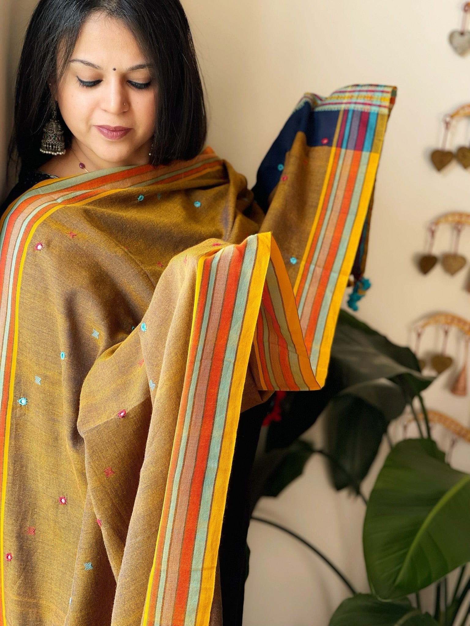 Mustard Handwoven Bhujodi Dupatta with Mirror & Thread Handwork in Cotton - Masakalee