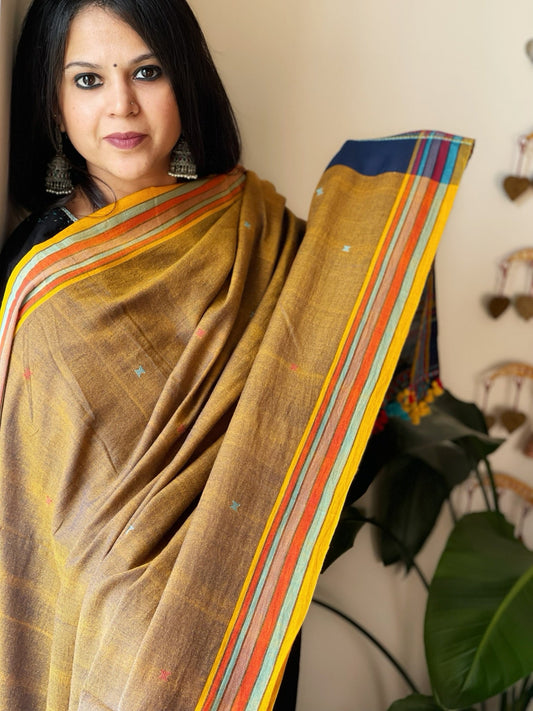 Mustard Handwoven Bhujodi Dupatta with Mirror & Thread Handwork in Cotton - Masakalee