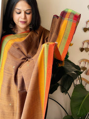 Mustard Handwoven Bhujodi Dupatta with Thread Handwork in Cotton - Masakalee
