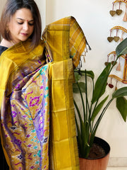 Mustard Handwoven Ikat Dupatta in Pure Silk - Masakalee