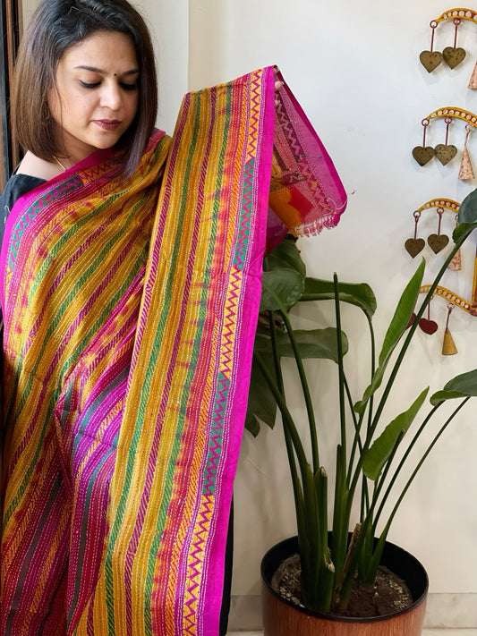 Mustard, Pink Handmade Kantha Dupatta in Silk - Masakalee