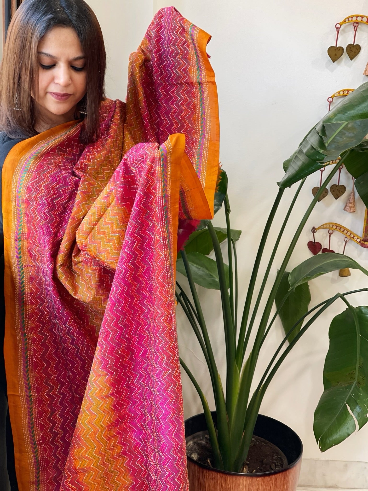 Mustard, Pink Handmade Kantha Dupatta in Silk - Masakalee