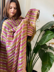 Mustard, Pink Handwoven Chanderi Tissue Dupatta - Masakalee