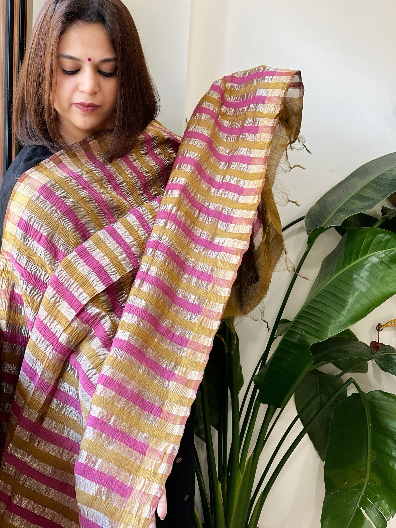 Mustard, Pink Handwoven Chanderi Tissue Dupatta - Masakalee
