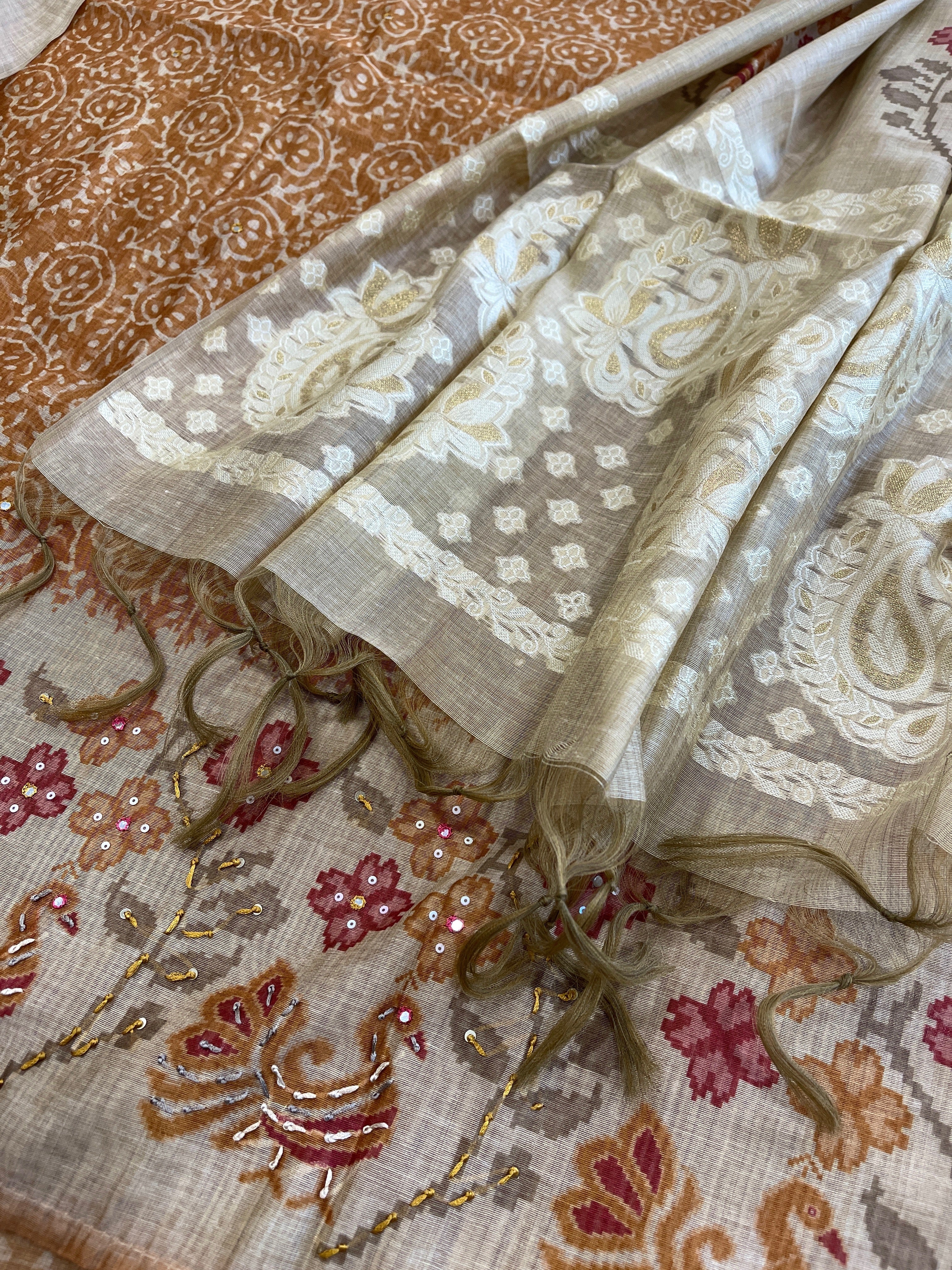 Mustard Suit Set with Block Print with Jamdani Dupatta in Chanderi - Masakalee