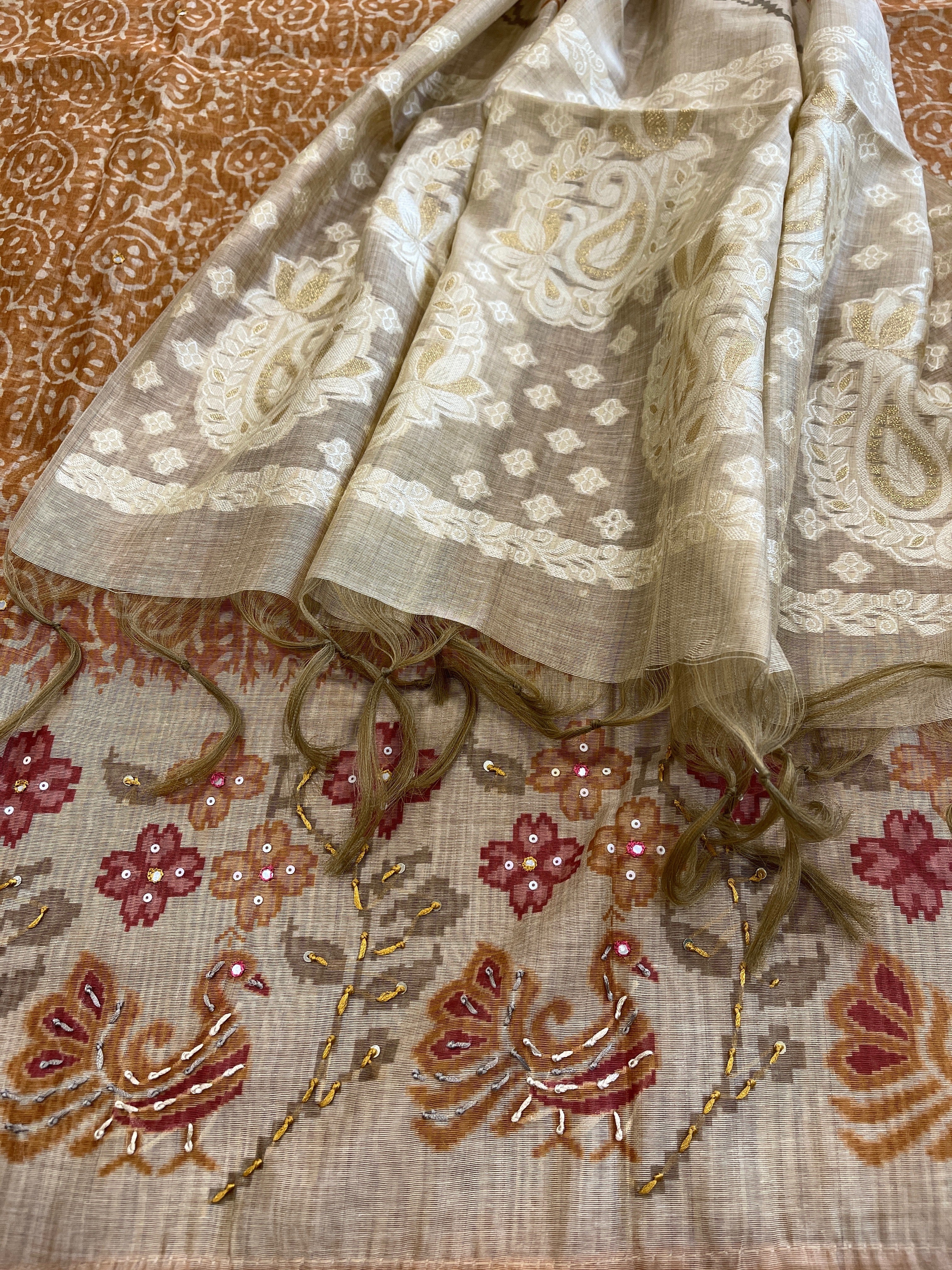 Mustard Suit Set with Block Print with Jamdani Dupatta in Chanderi - Masakalee