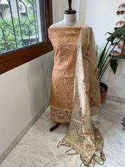 Mustard Suit Set with Block Print with Jamdani Dupatta in Chanderi - Masakalee