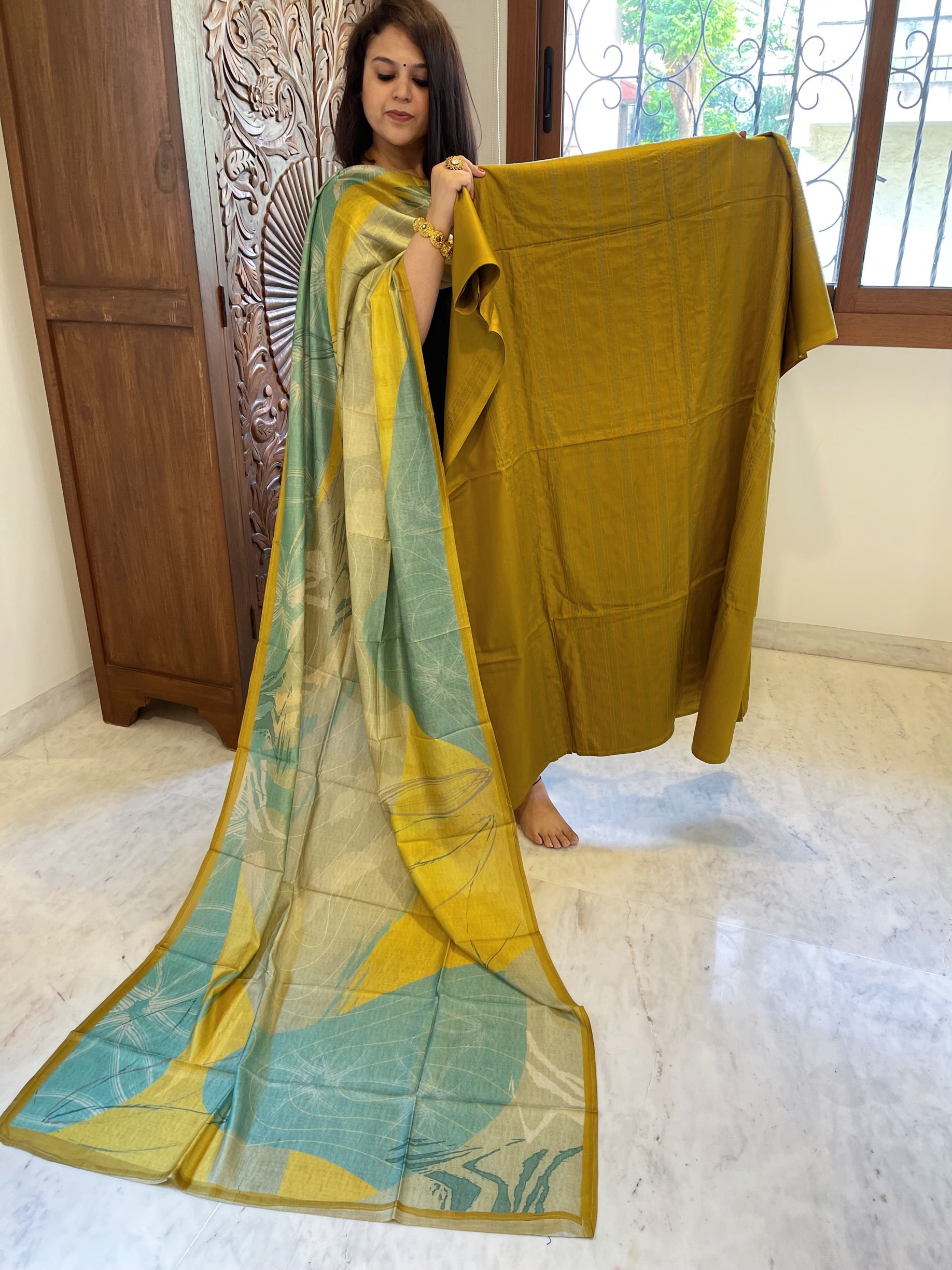 Mustard Suit Set with Kantha Stitch Work on Glazed Cotton - Masakalee