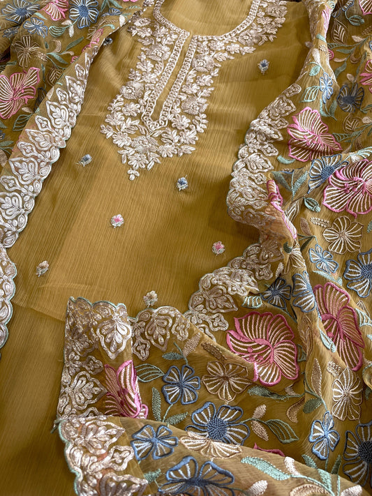Mustard Suit Set with Thread Embroidery and Pitta Work in Georgette - Masakalee