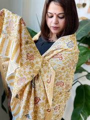 Mustard, White Woven Pashmina Kaani Shawl with Thread Embroidery - Masakalee