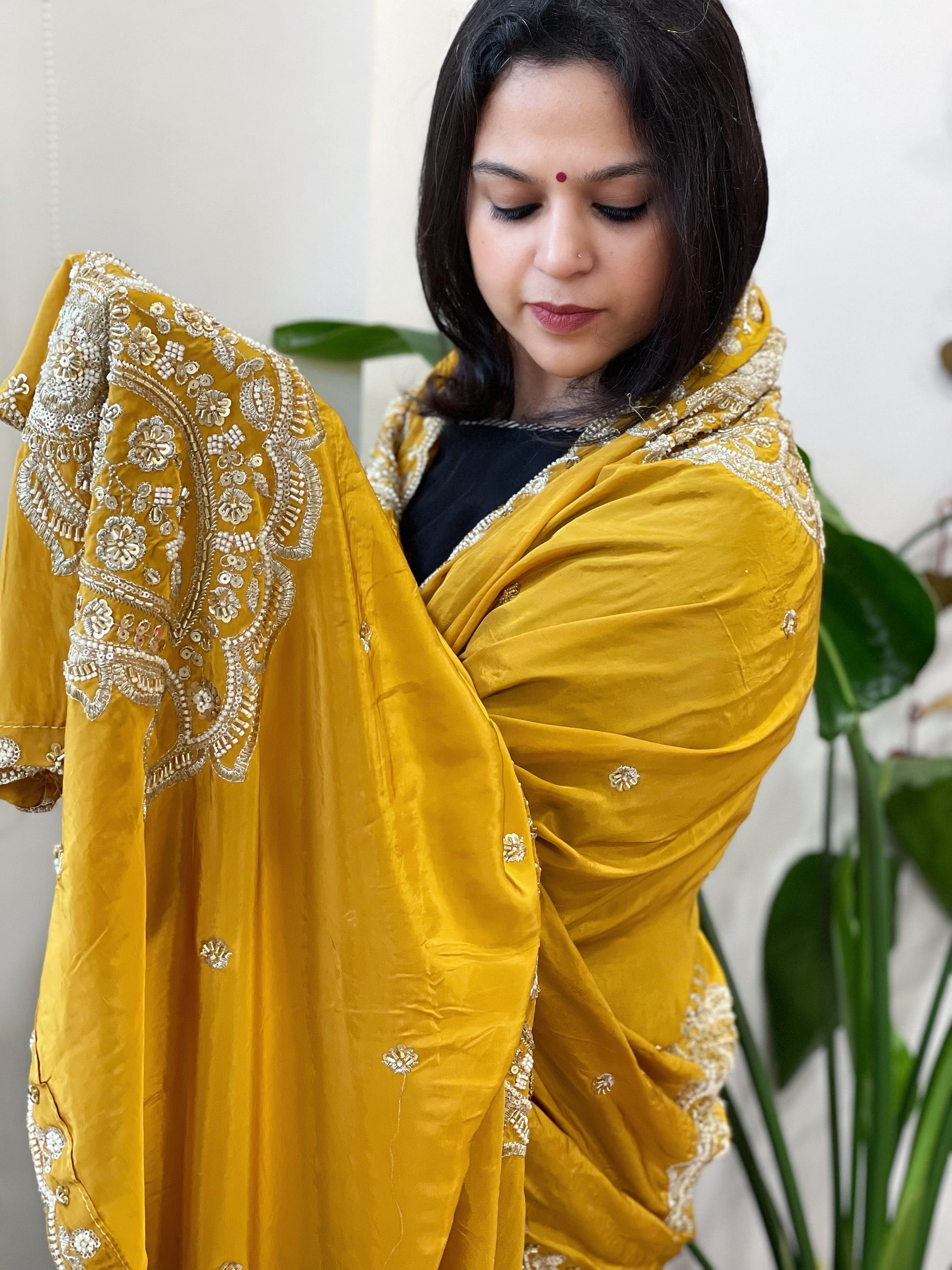 Mustard Yellow Crepe Dupatta with Pearl, Cut Daana, Gold Thread & Sequin Embroidery - Masakalee