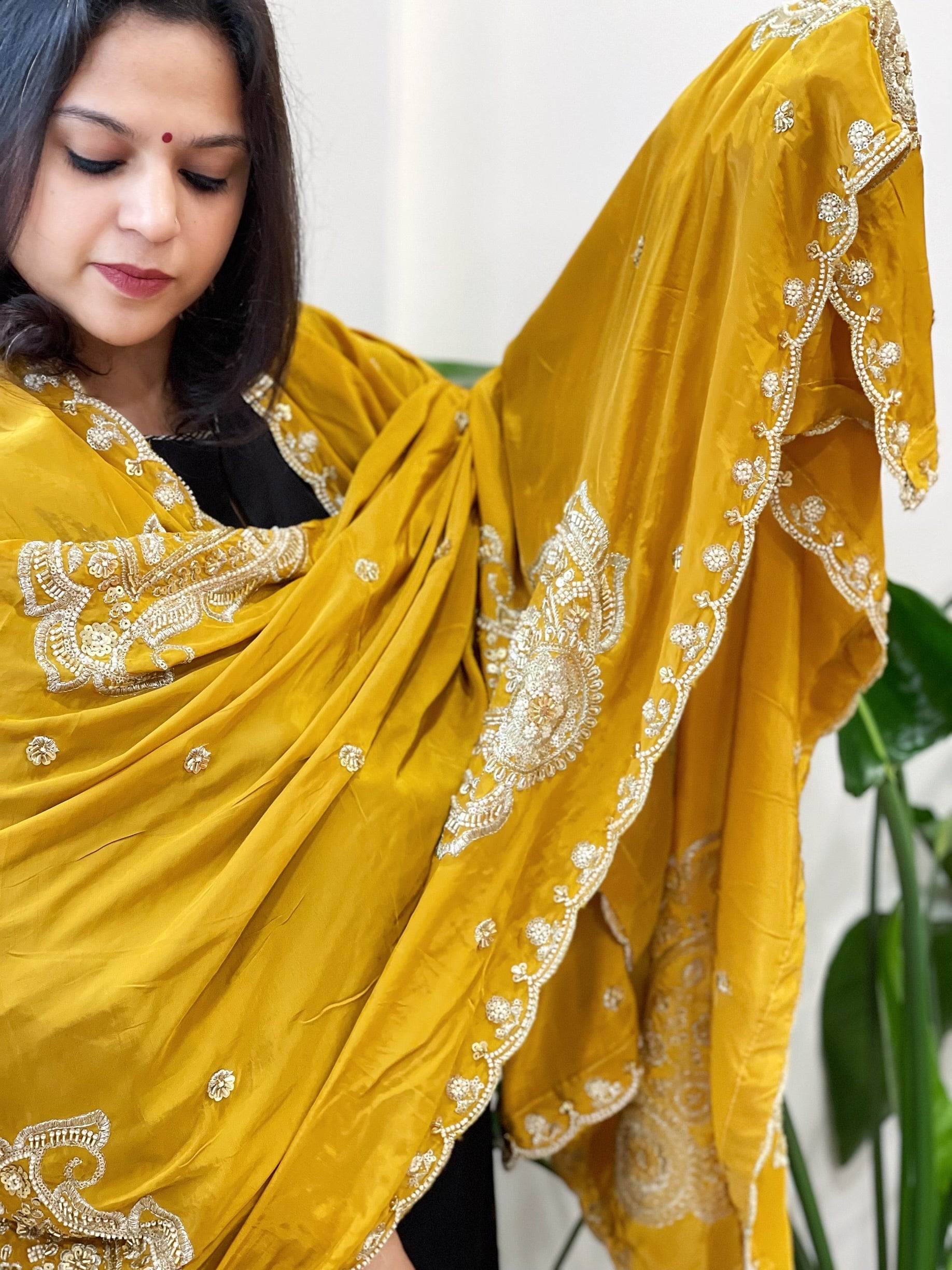 Mustard Yellow Crepe Dupatta with Pearl, Cut Daana, Gold Thread & Sequin Embroidery - Masakalee