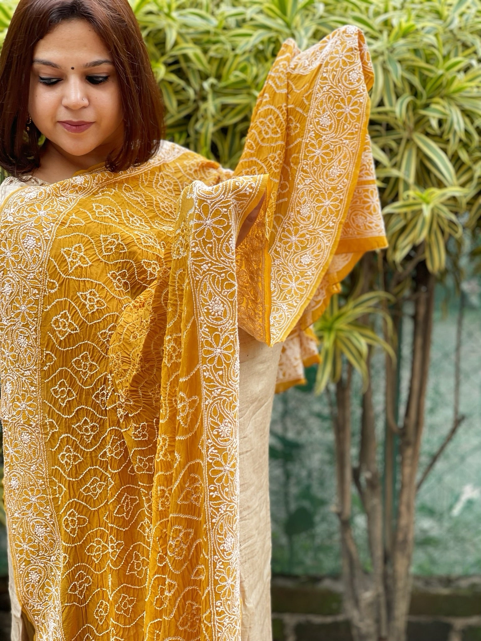 Mustard Yellow Rai Bandhej Dupatta with Lucknowi Handwork in Pure Georgette - Masakalee