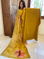 Mustard Yellow Suit Set with Kantha Stitch Work on Glazed Cotton - Masakalee