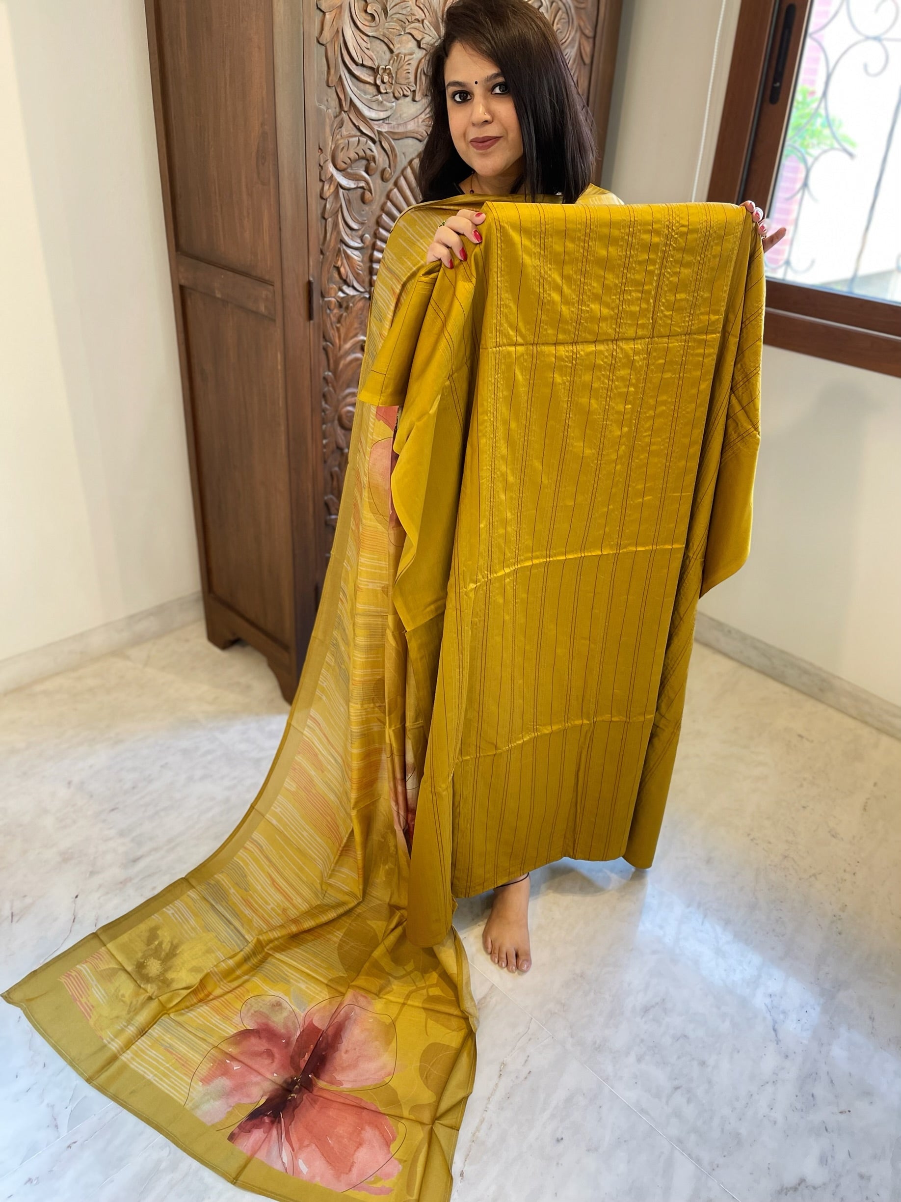 Mustard Yellow Suit Set with Kantha Stitch Work on Glazed Cotton - Masakalee