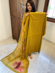 Mustard Yellow Suit Set with Kantha Stitch Work on Glazed Cotton - Masakalee