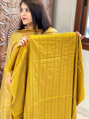 Mustard Yellow Suit Set with Kantha Stitch Work on Glazed Cotton - Masakalee