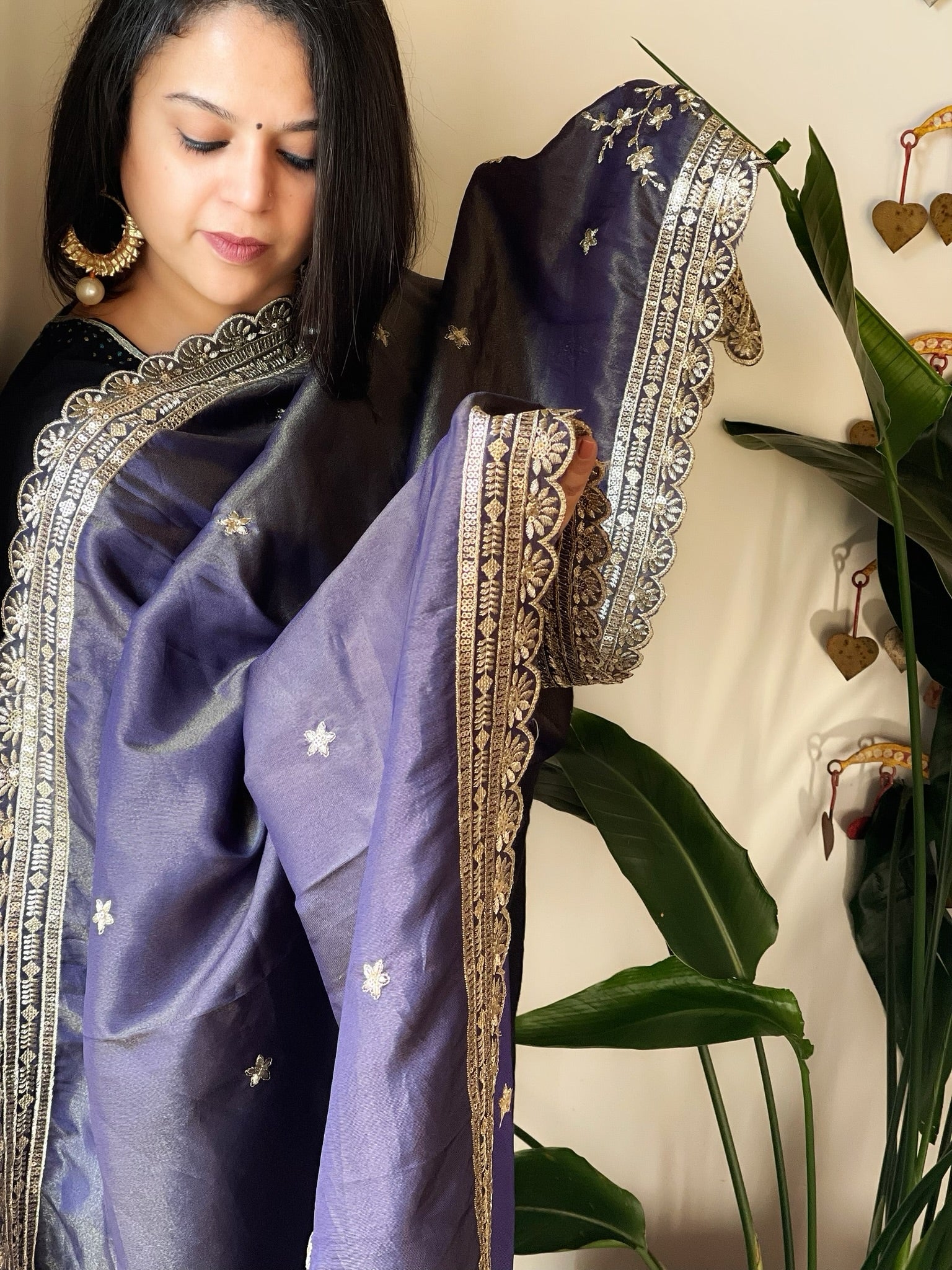 Navy Blue Tissue Chanderi dupatta with Heavy Embroidered Pallu - Masakalee