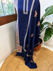 Navy Blue Winter Suit Set with Aari Work in Pashmina Wool - Masakalee