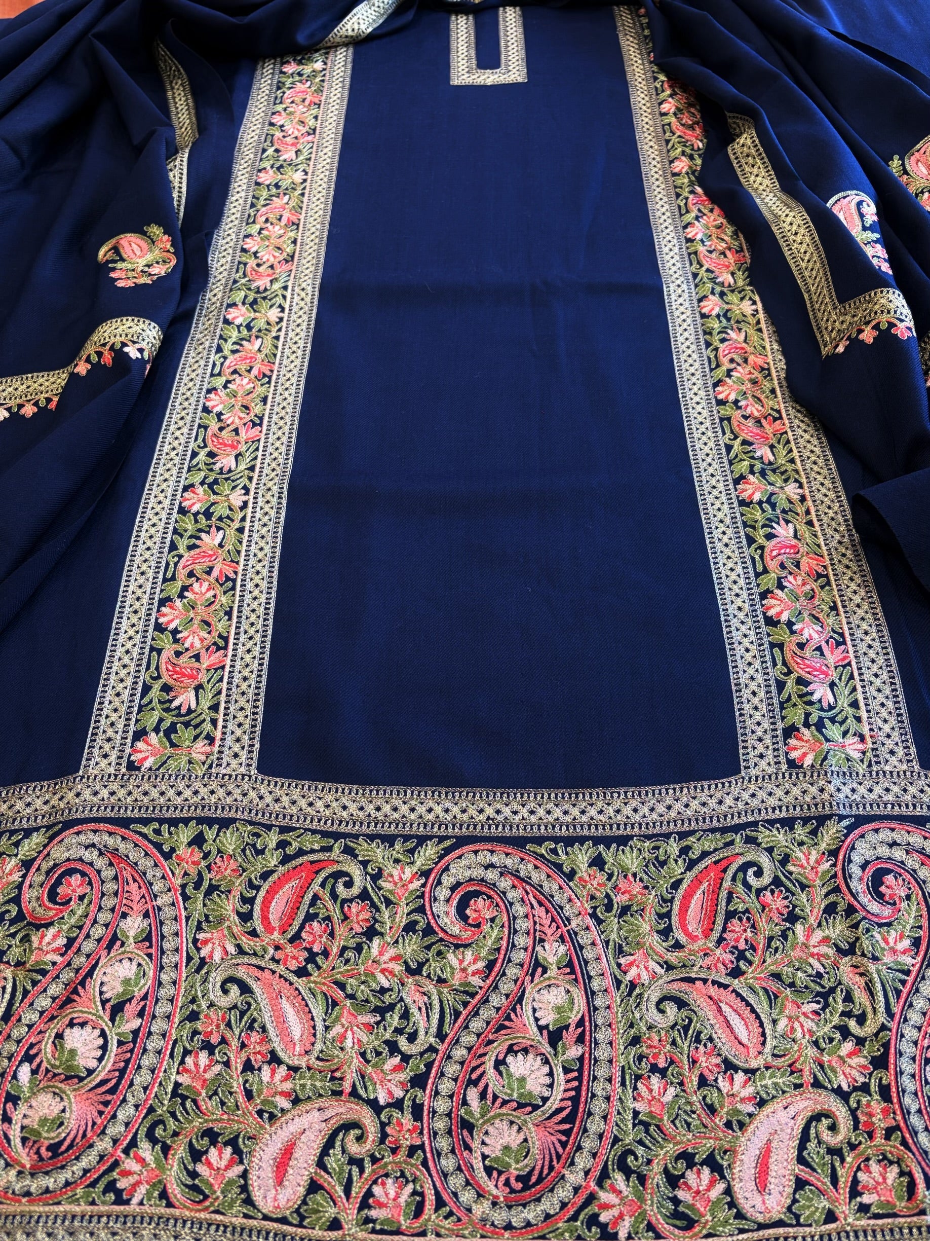 Navy Blue Winter Suit Set with Aari Work in Pashmina Wool - Masakalee