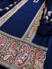Navy Blue Winter Suit Set with Aari Work in Pashmina Wool - Masakalee