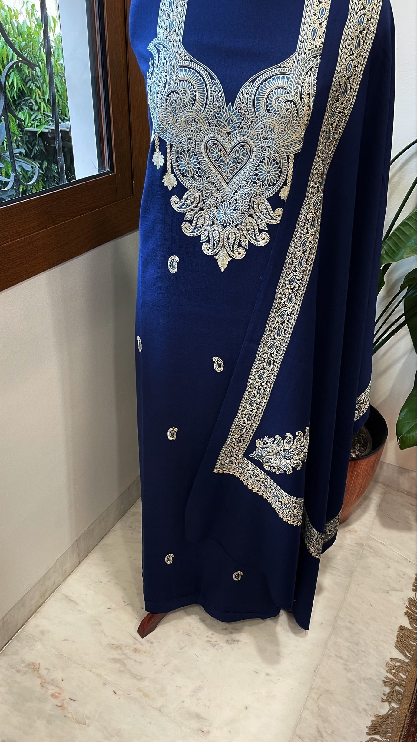 Navy Winter Suit Set with Aari Work in Pashmina Wool - Masakalee
