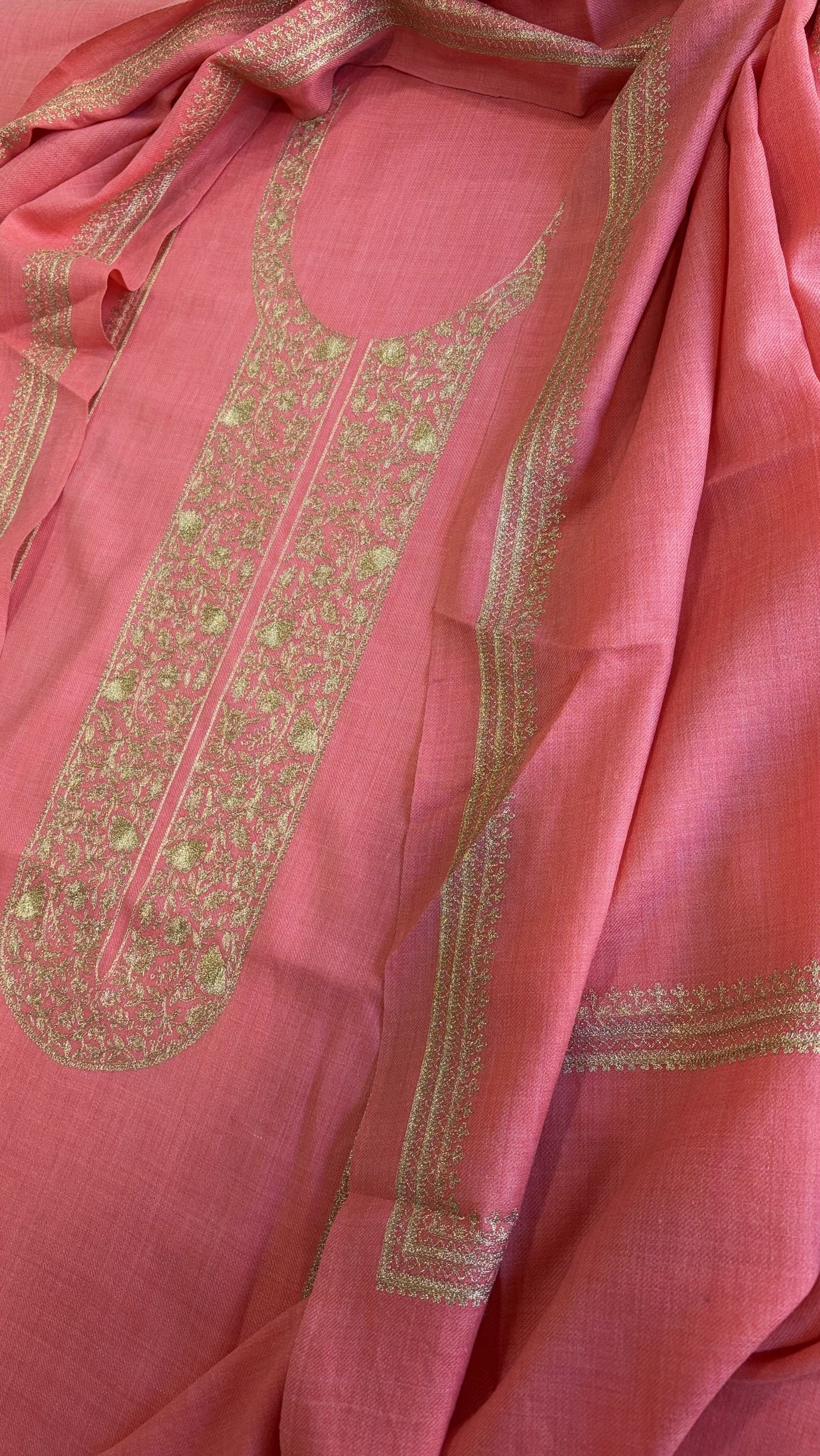 Neon Pink Winter Suit Set with Aari Work in Pashmina Wool - Masakalee