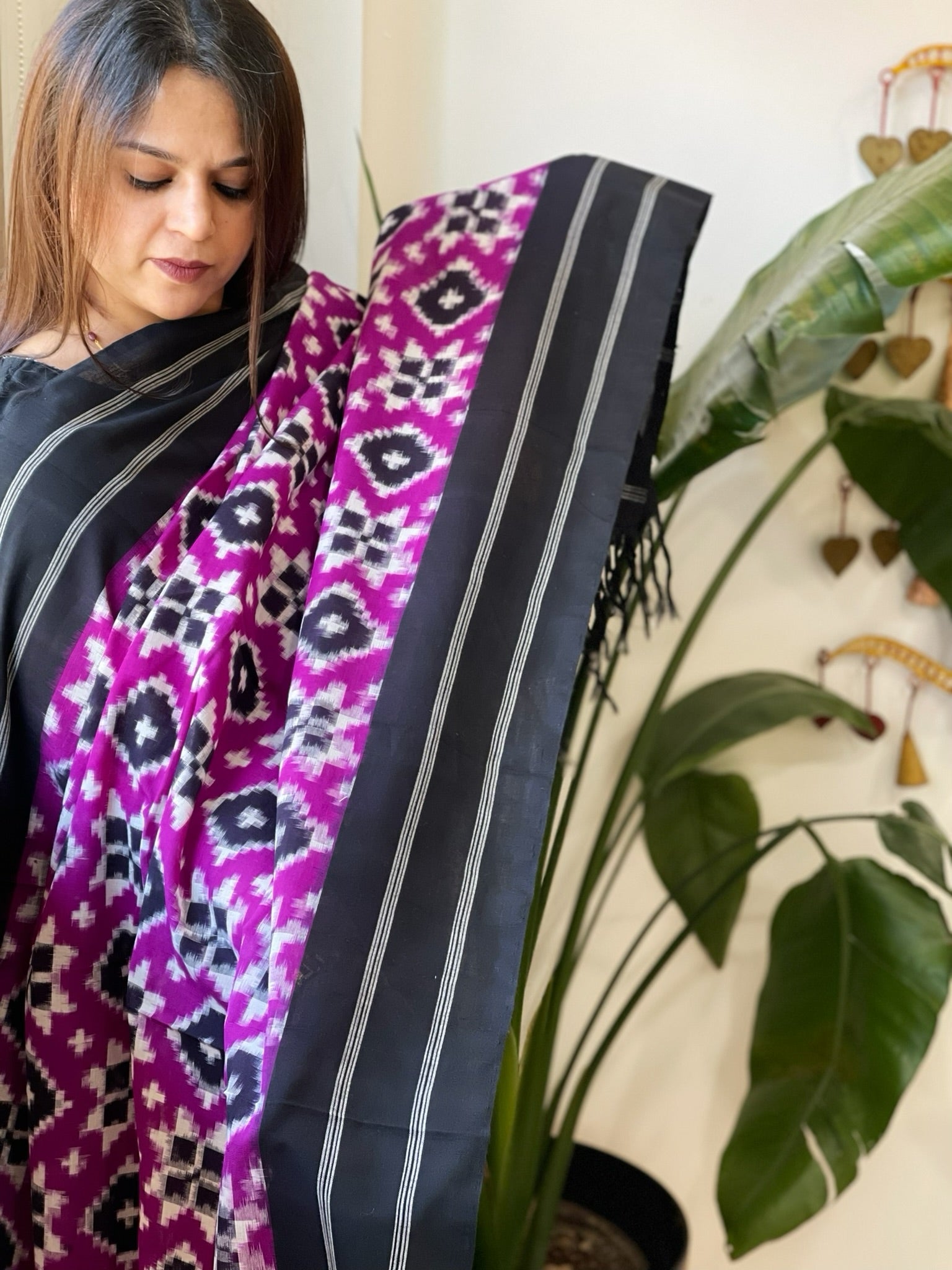 Neon Purple, Black Double Ikat Telia Rumal Dupatta in Cotton - Masakalee