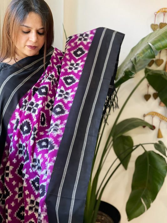 Neon Purple, Black Double Ikat Telia Rumal Dupatta in Cotton - Masakalee