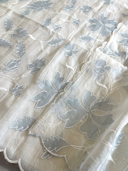 Off white, Blue Applique Jaal Dupatta Suit Set in Chanderi - Masakalee