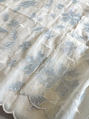 Off white, Blue Applique Jaal Dupatta Suit Set in Chanderi - Masakalee