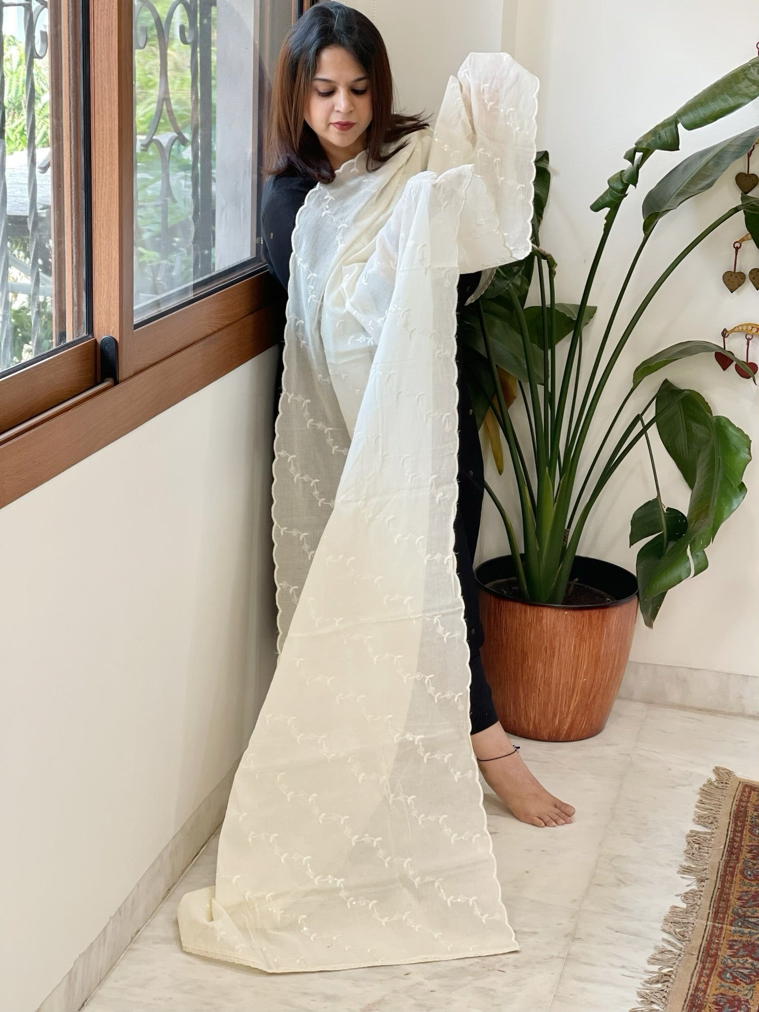 Off - White Cotton Dupatta with Embroidery - Masakalee