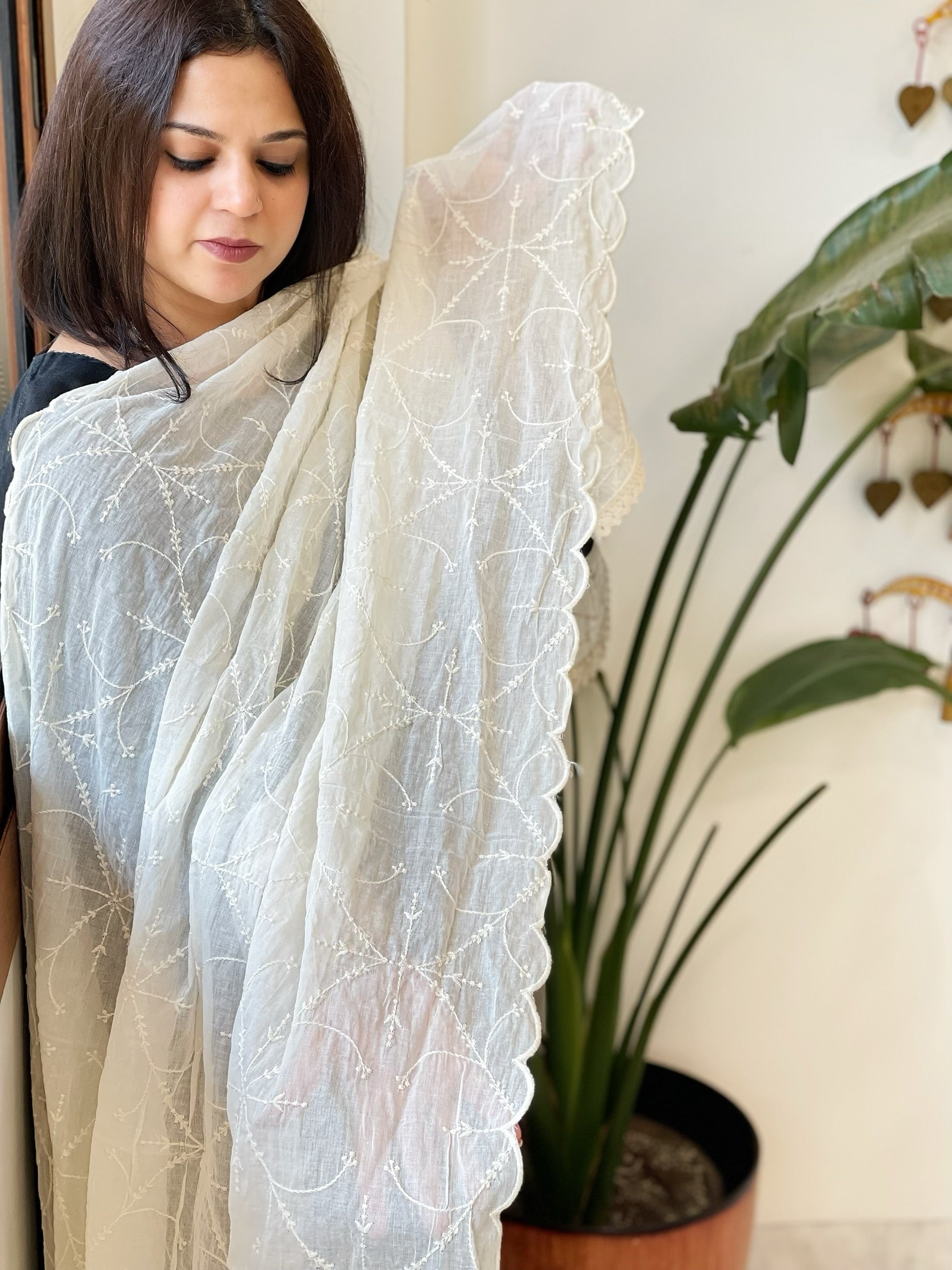 Off-White Cotton Dupatta with Embroidery - Masakalee