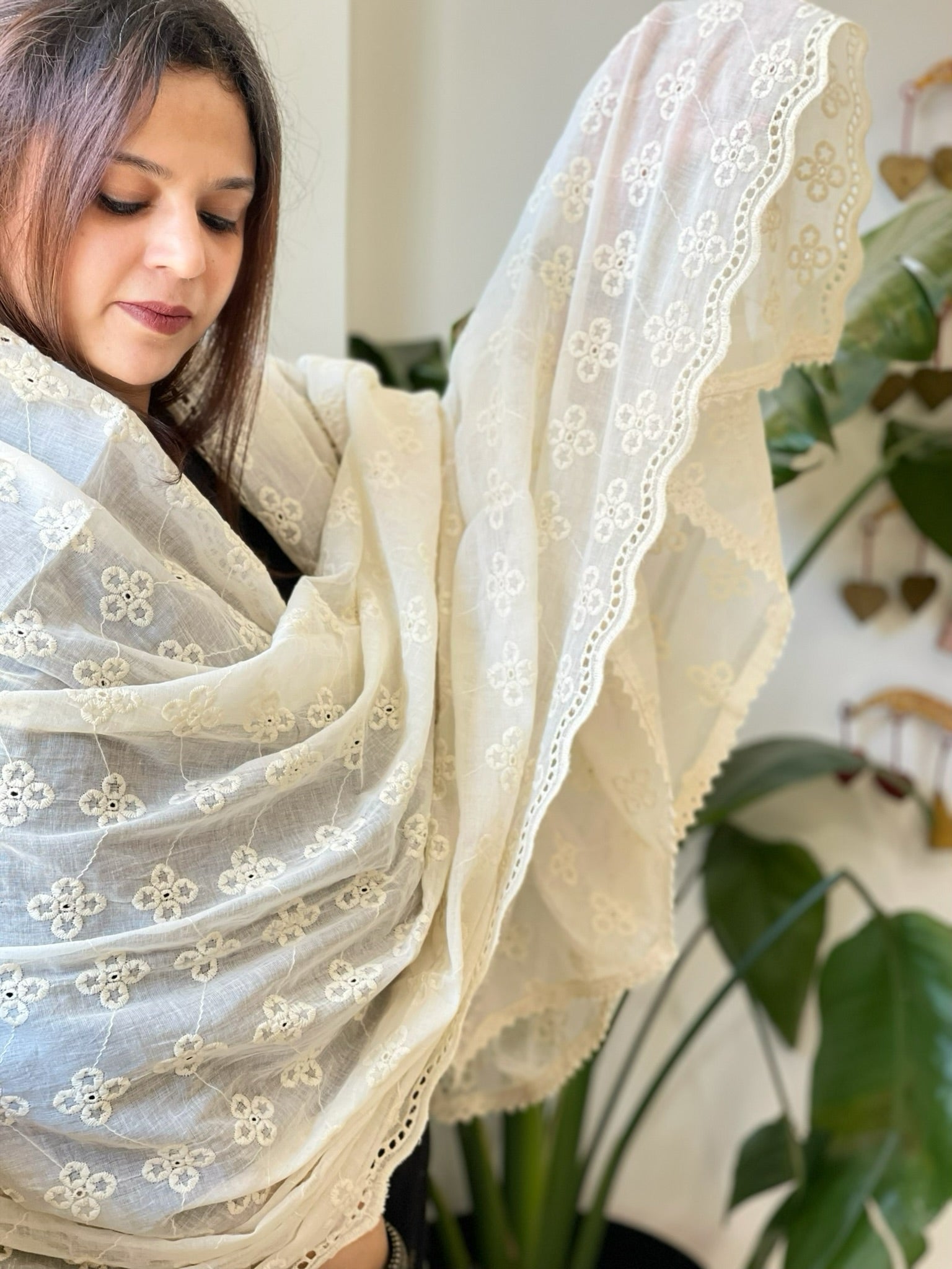 Off - White Cotton Dupatta with Embroidery - Masakalee