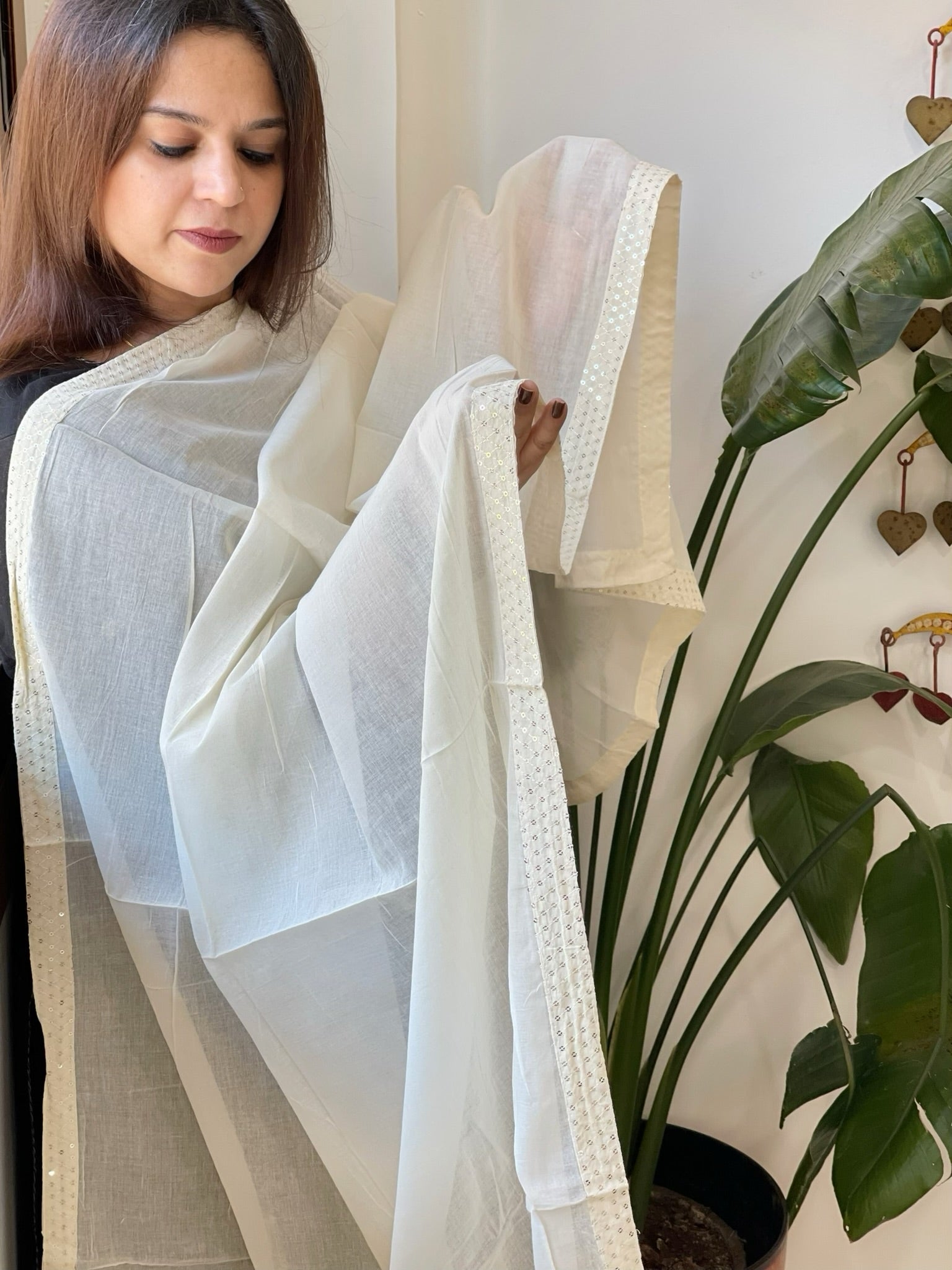 Off - White Cotton Dupatta with Embroidery - Masakalee