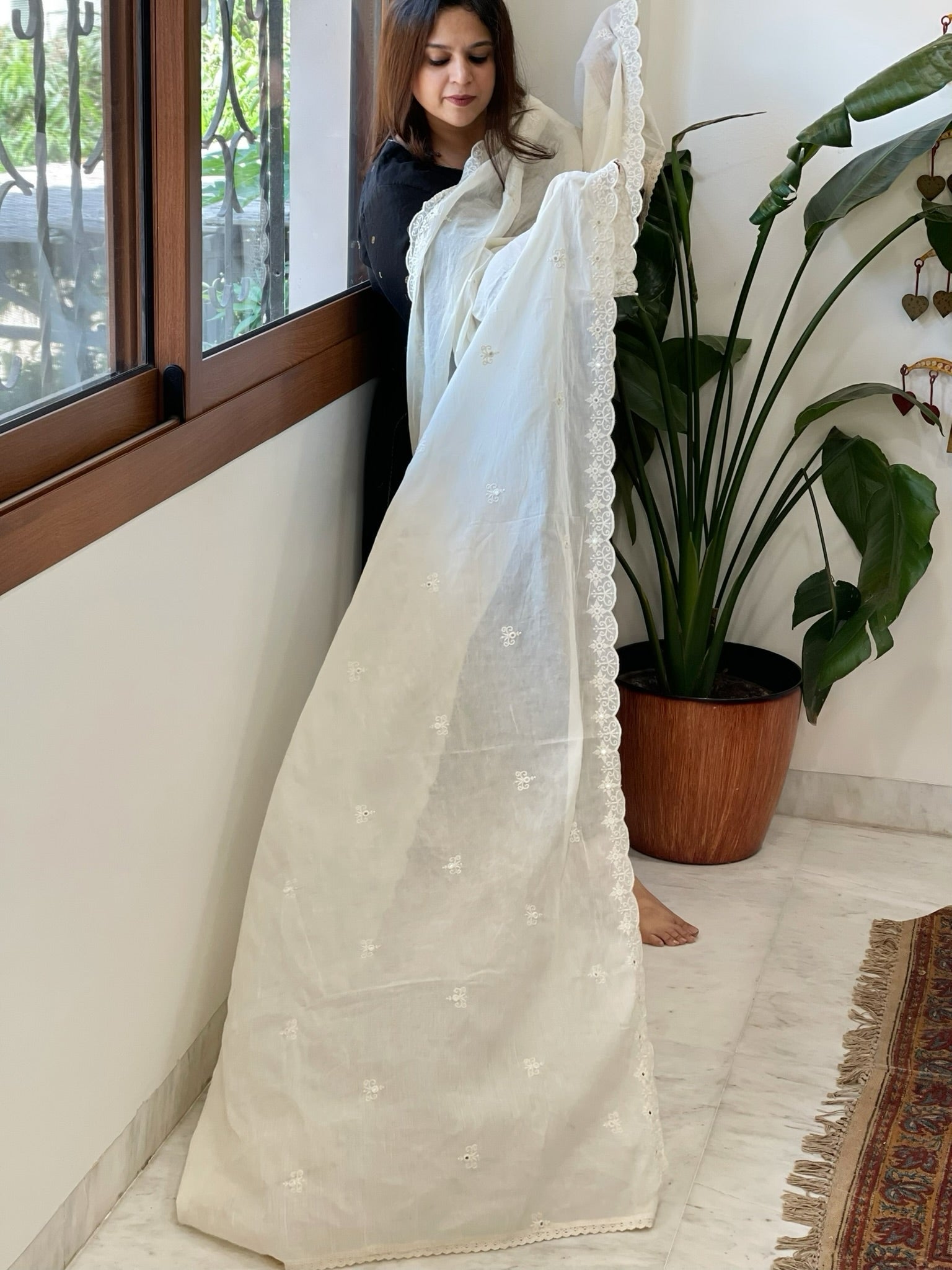 Off - White Cotton Dupatta with Embroidery - Masakalee