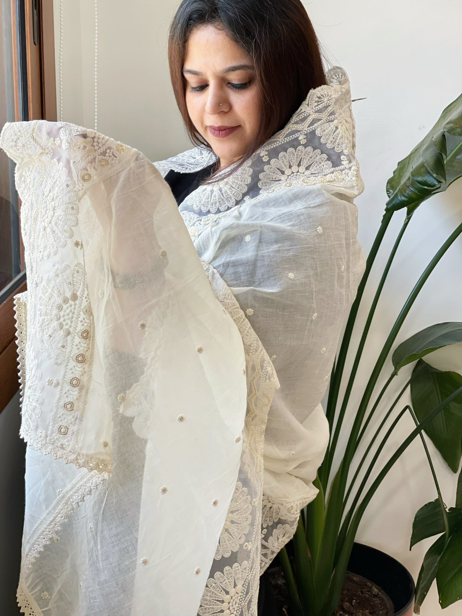 Off - White Cotton Dupatta with Embroidery - Masakalee