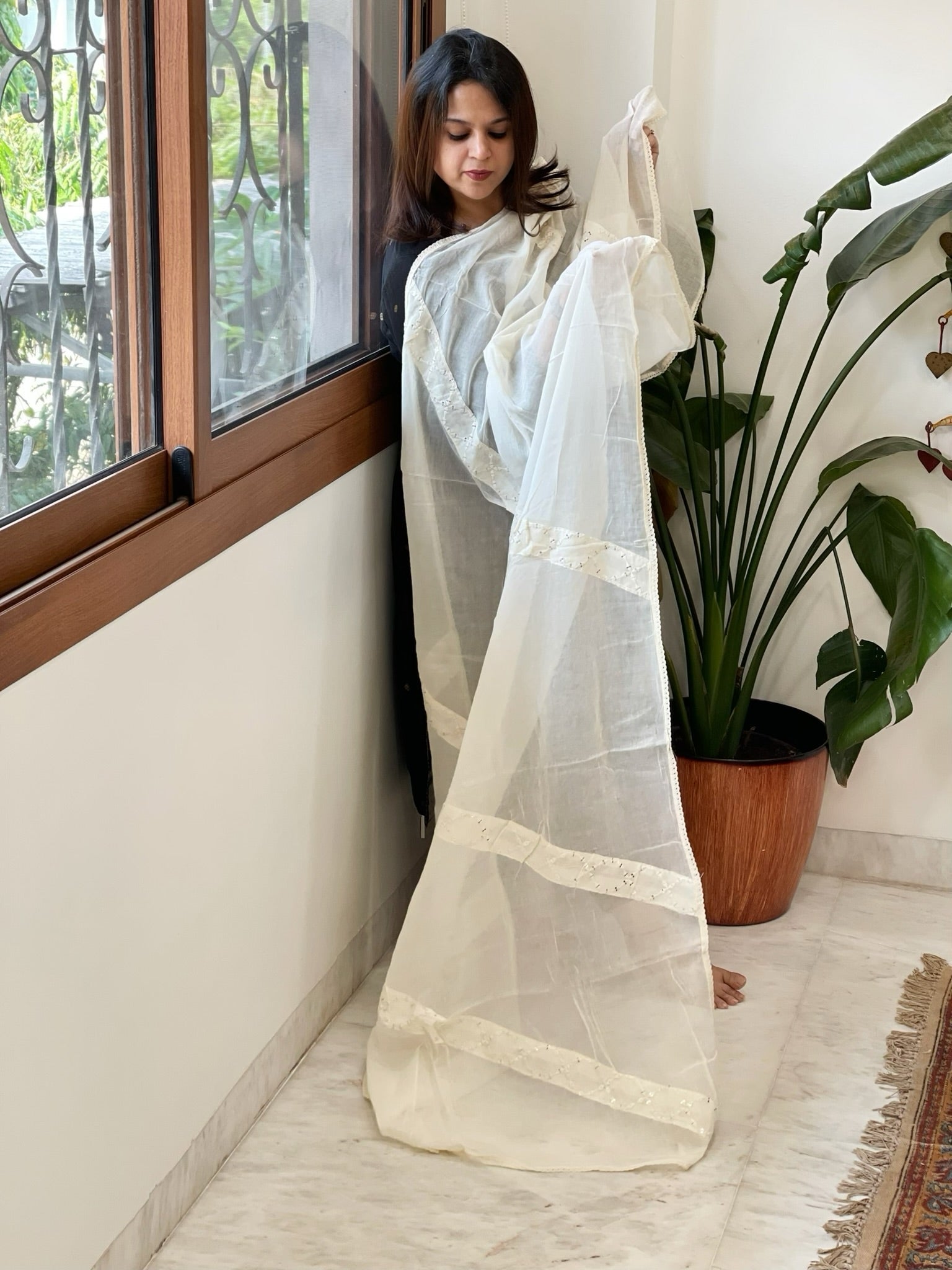 Off - White Cotton Dupatta with Embroidery - Masakalee