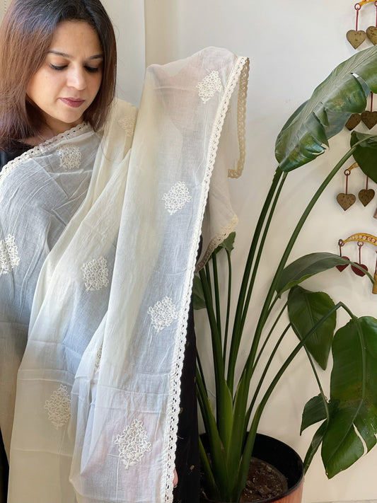 Off - White Cotton Dupatta with Embroidery - Masakalee